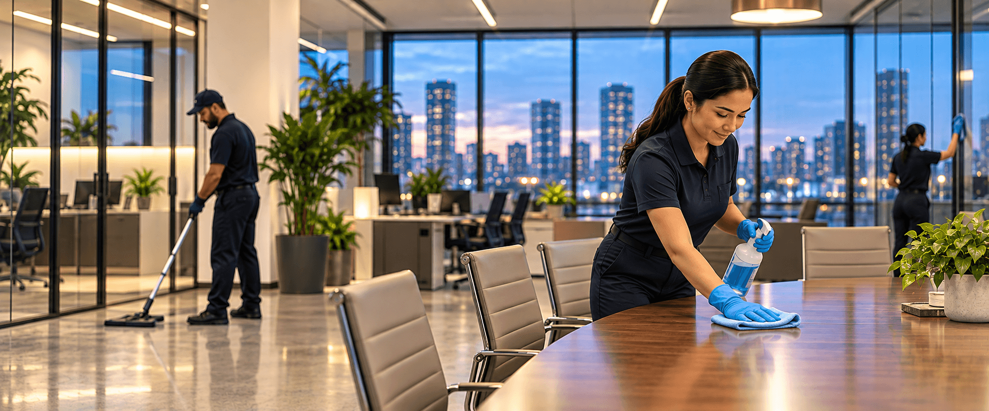 Lumyn technicians cleaning a modern office space in the evening